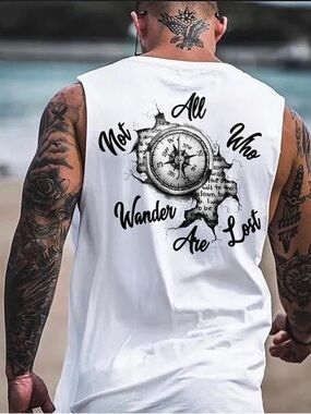 Men's White Sleeveless Graphic Tank - 'Not All Who Wander Are Lost'